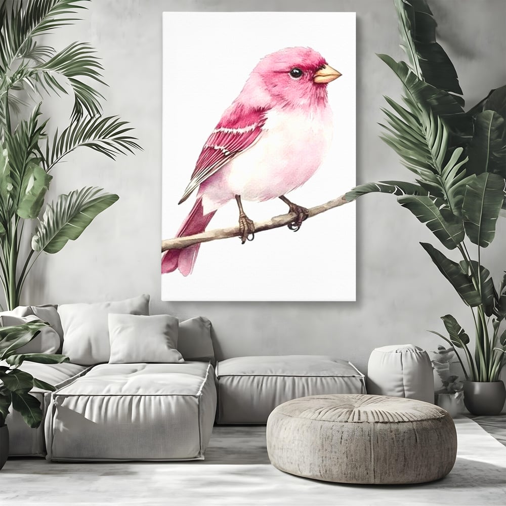 Tablou canvas cu tablou canvas cu pasare roz pe creanga, fara rama, pe sasiu de lemn, pe perete intr-un living
